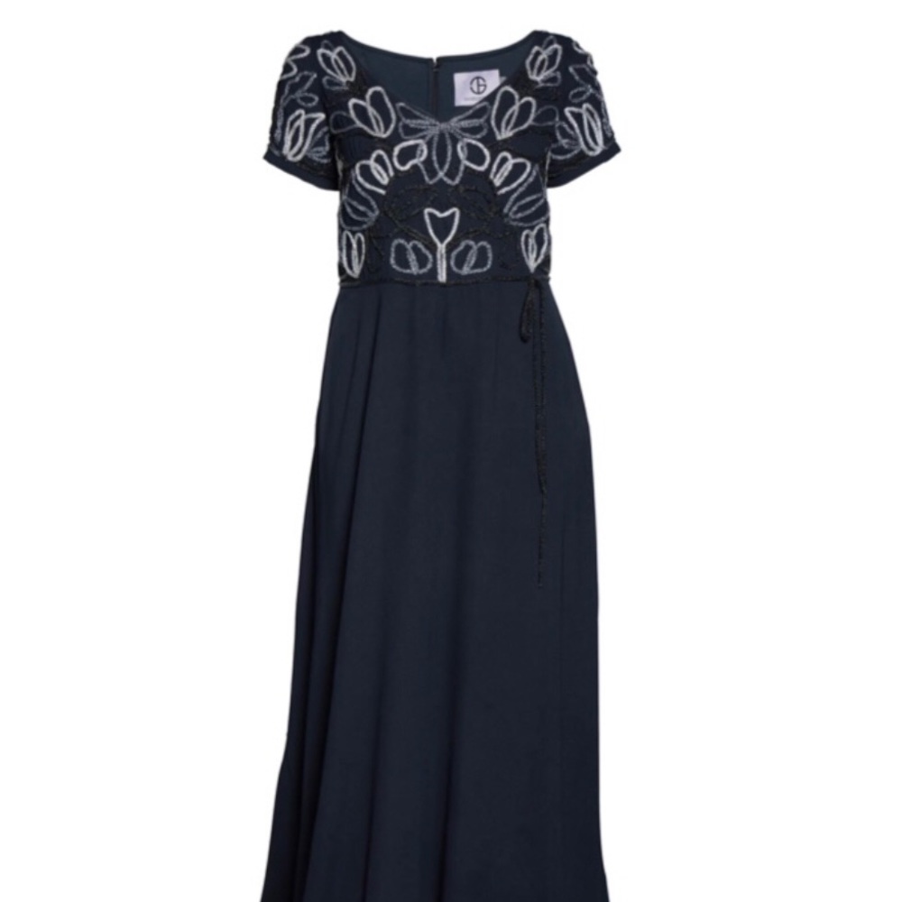 JS Collections Navy Chain Mail Soutache Gown NWT